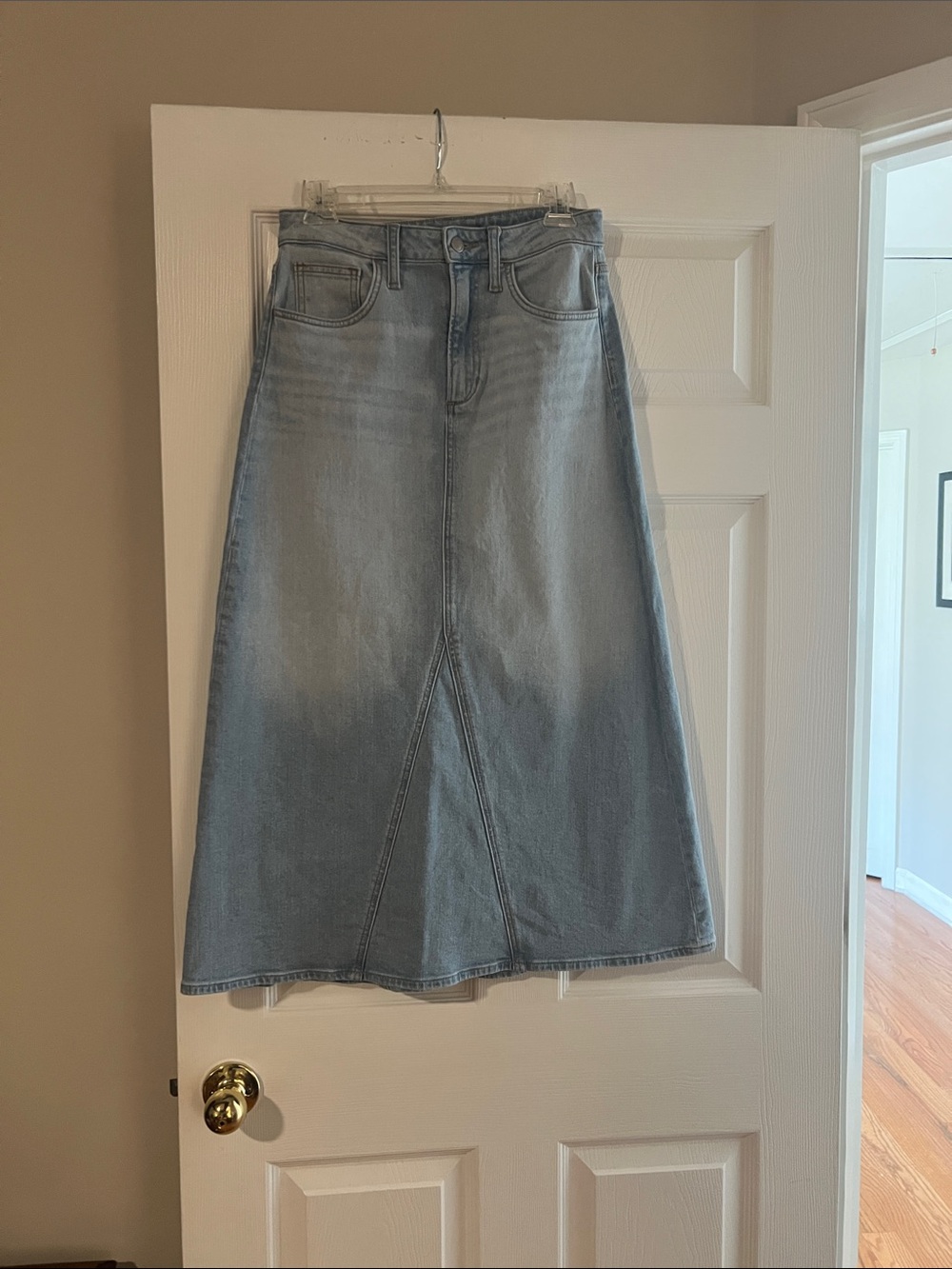 Light Blue Denim Maxi Skirt — High-Rise A-Line